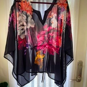 Tropical Print tie front poncho blouse